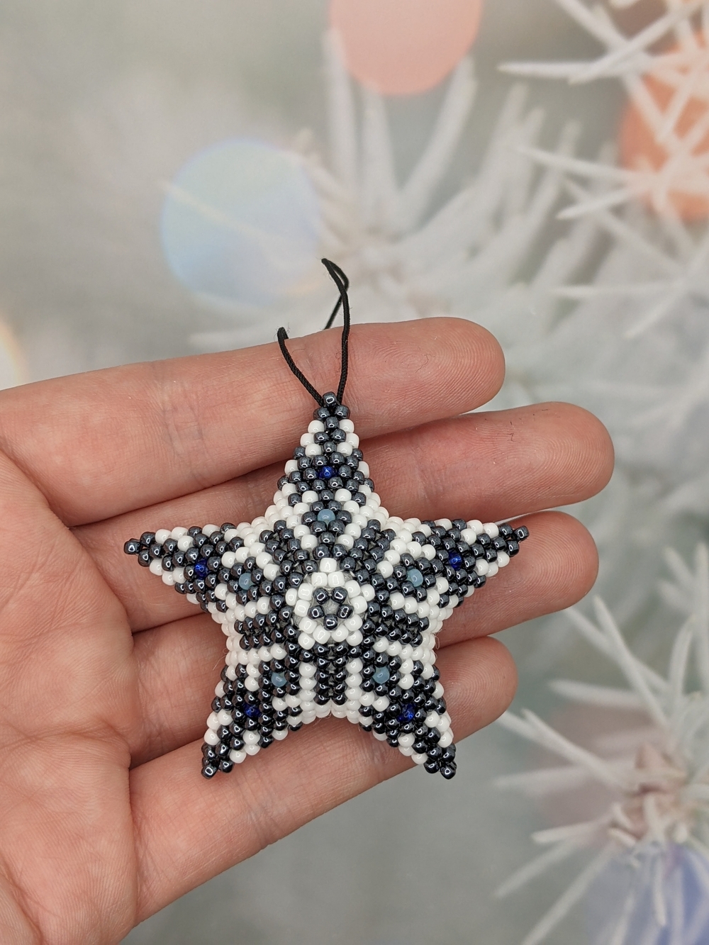Handcrafted Beaded Star Ornament in White, Black & Blue